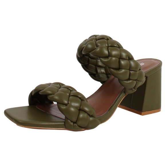 Olive Braided Open Toe Double Strap Heels - Picture 2 of 6